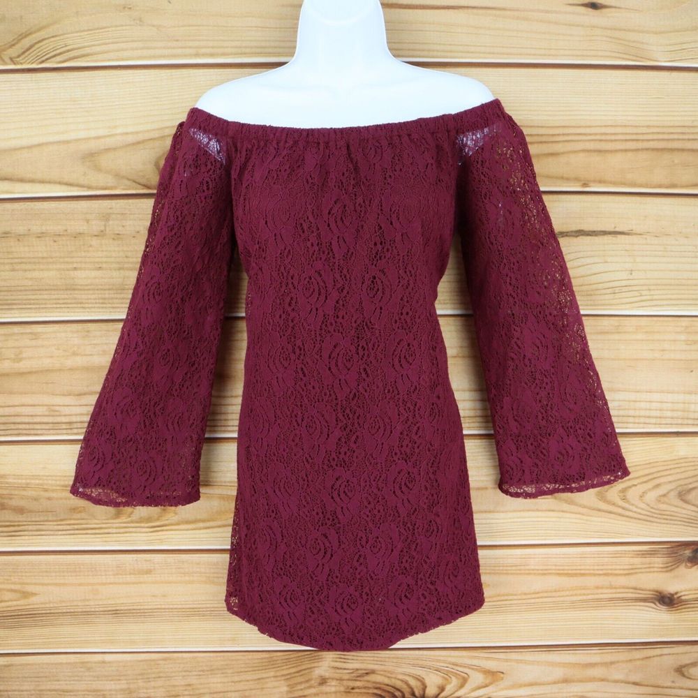 Miami Tunic Blouse Womens Size L Maroon Floral 100% Cotton Off the Shoulder